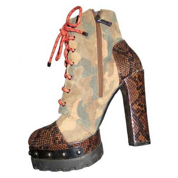 Jessica Simpson Irella Platform Studded Snakeskin Embossed Leather & Camo Combat - Picture 9 of 10